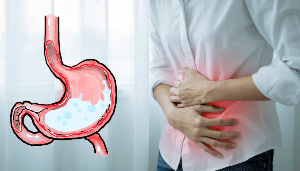 cartoon stomach and person in stomach pain