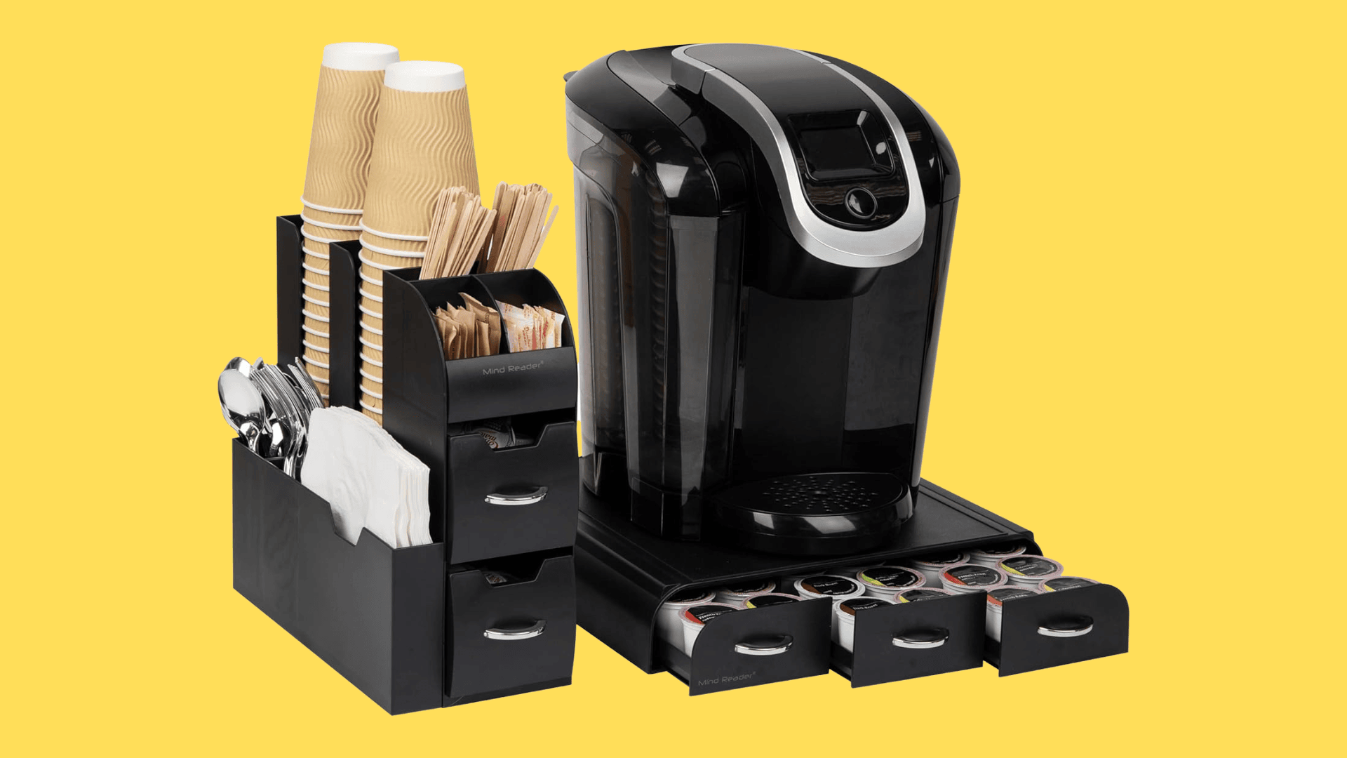 Keurig pod storage drawer and condiment container