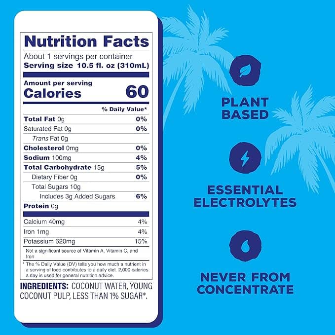 c2o coconut water nutrition label