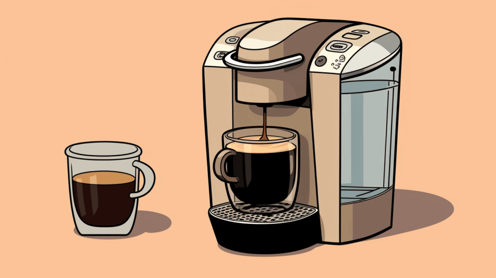 cartoon keurig machine next to glass of coffee