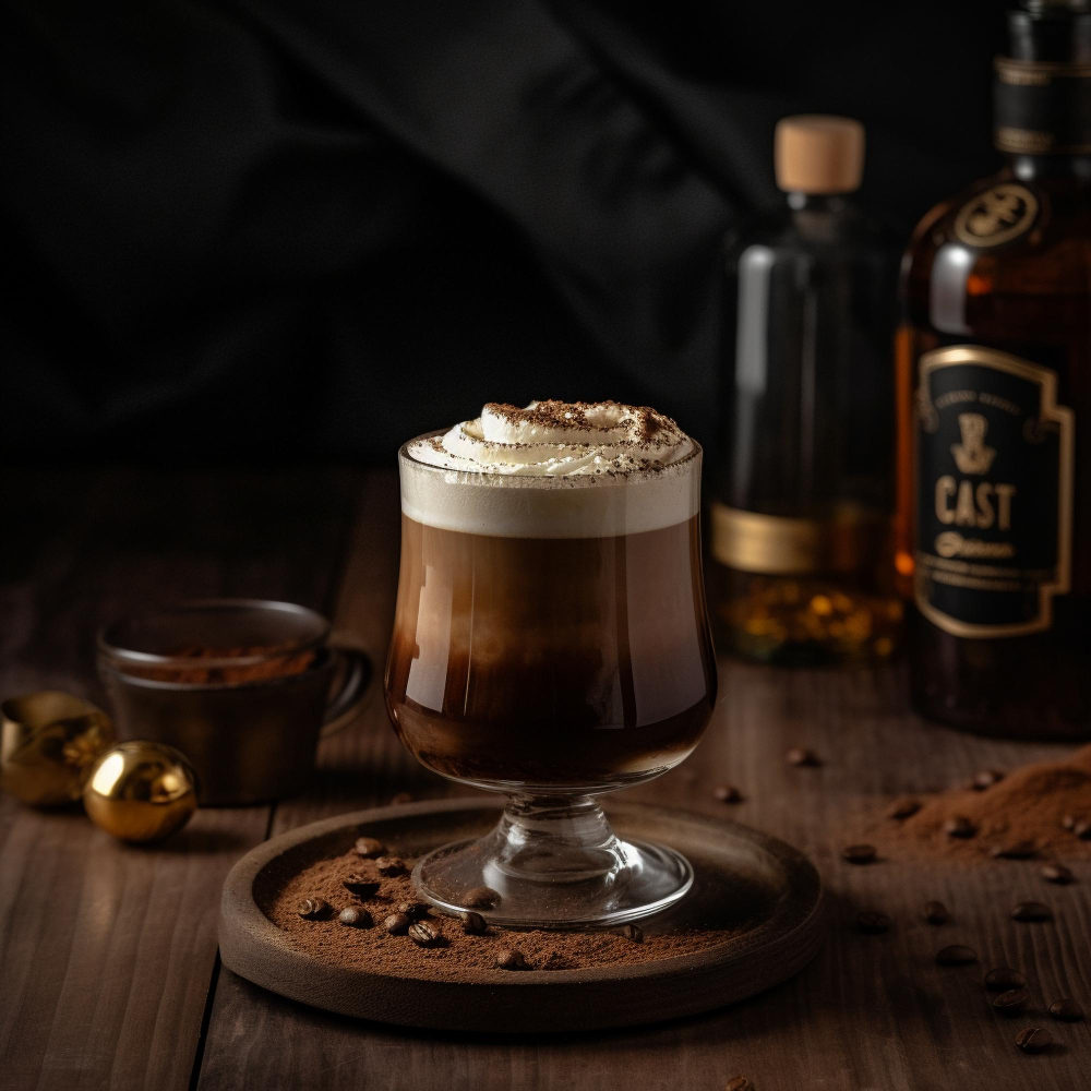 A glass of Irish coffee on a wooden surface