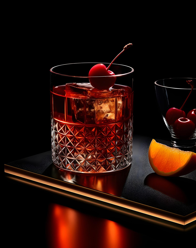 A glass of Black Russian cocktail with a cherry on top