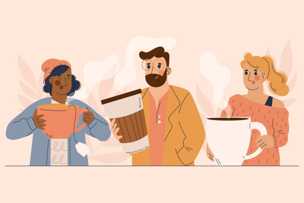 Vector image of people holding big coffee cups