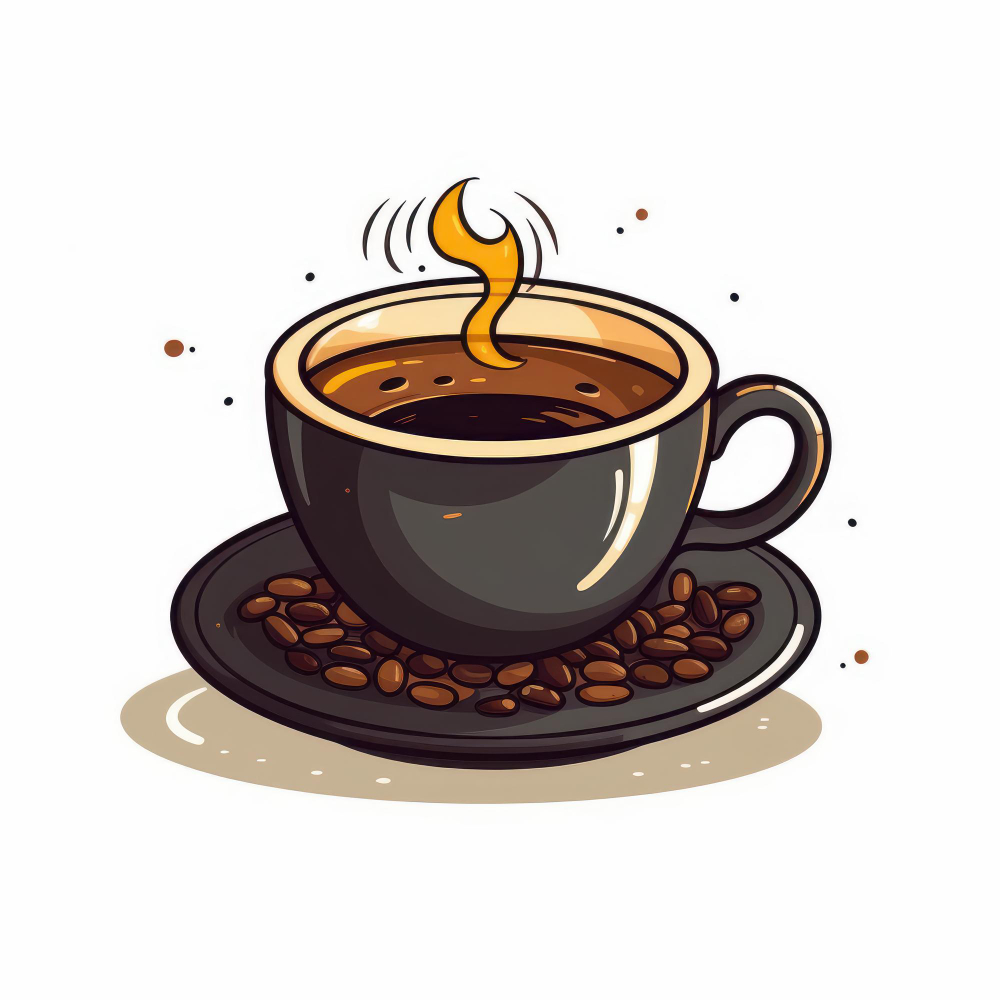Cartoon-style image of a coffee cup and coffee beans