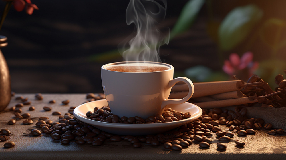 Steaming cup of coffee on a saucer surrounded by coffee beans