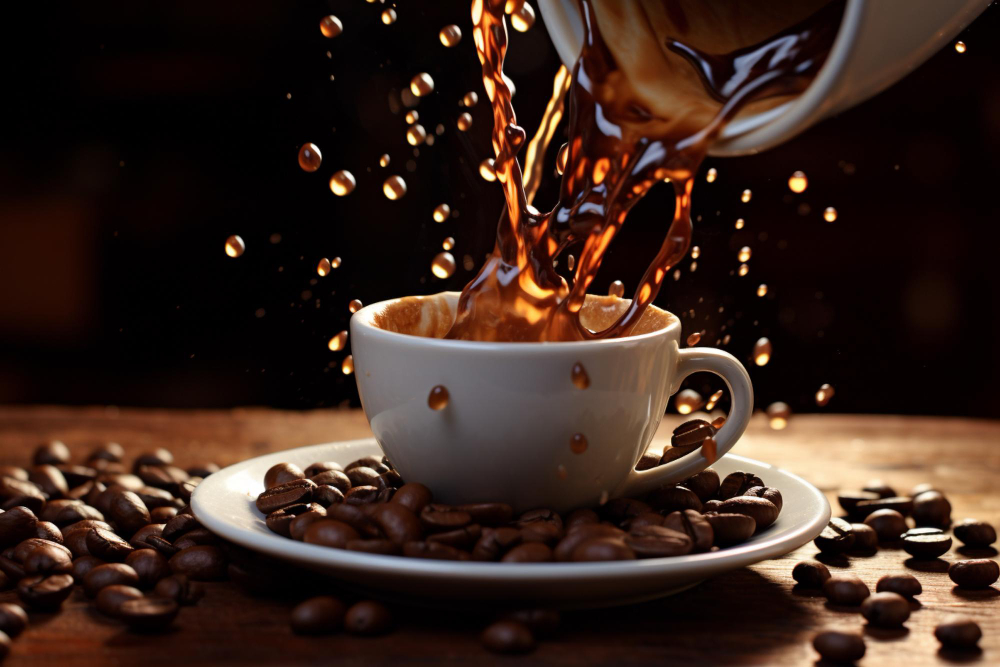 Coffee beans and a cup of coffee on a table