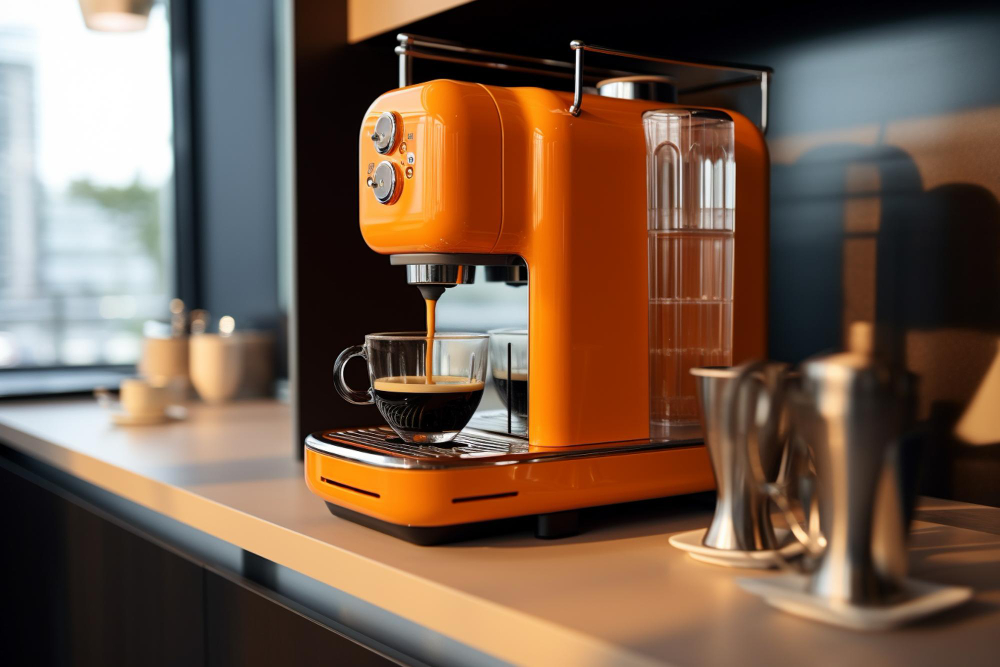 Orange coffee maker pouring coffee in a mug