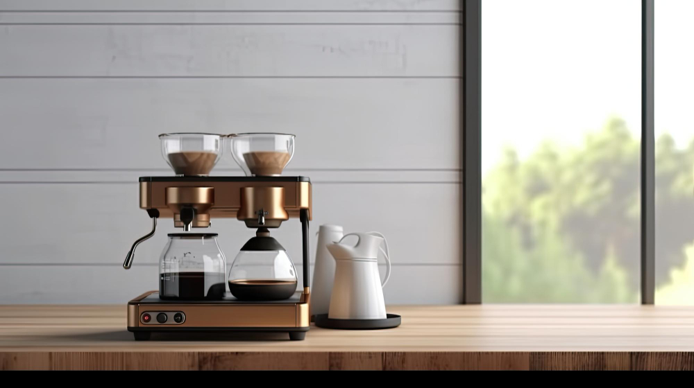 Brewing device on top of a wooden table