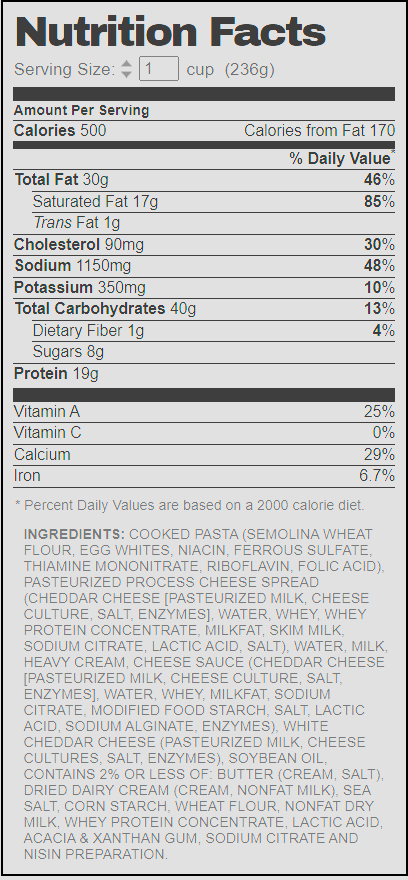 Nutrition Facts - Panera Mac and Cheese